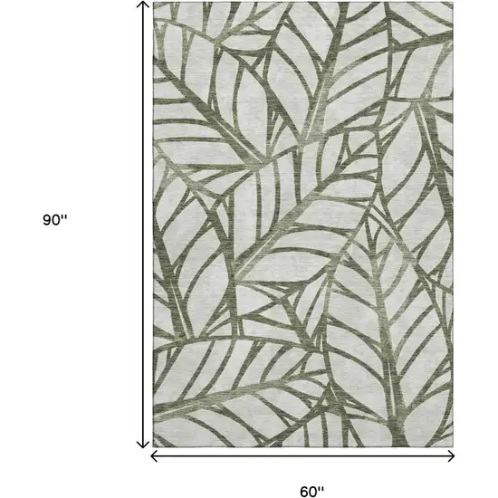 Olive Green And Beige Floral Washable Area Rug With UV Protection Photo 3