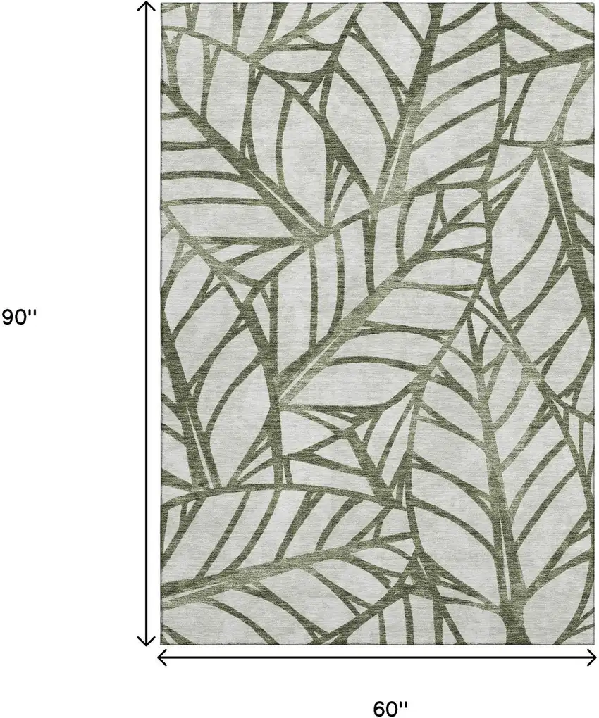 Olive Green And Beige Floral Washable Area Rug With UV Protection Photo 3