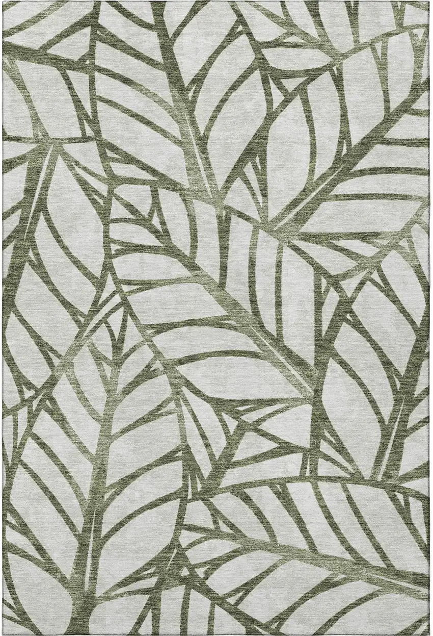 Olive Green And Beige Floral Washable Area Rug With UV Protection Photo 4