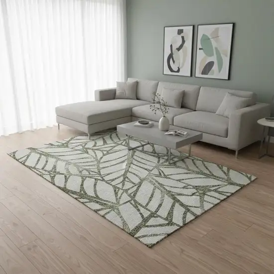 Olive Green And Beige Floral Washable Area Rug With UV Protection Photo 2