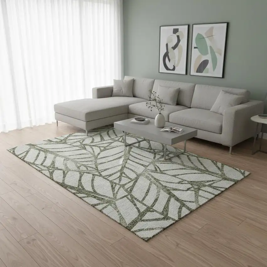 Olive Green And Beige Floral Washable Area Rug With UV Protection Photo 2