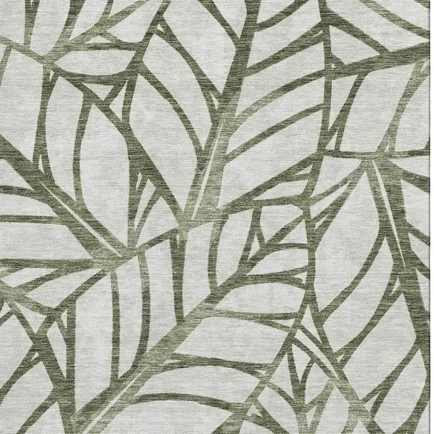 Olive Green And Beige Floral Washable Area Rug With UV Protection Photo 4