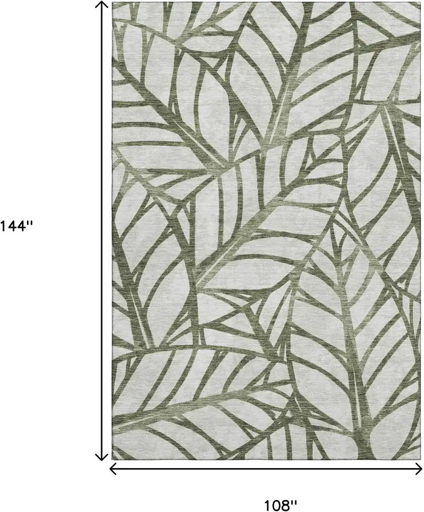 Olive Green And Beige Floral Washable Area Rug With UV Protection Photo 3