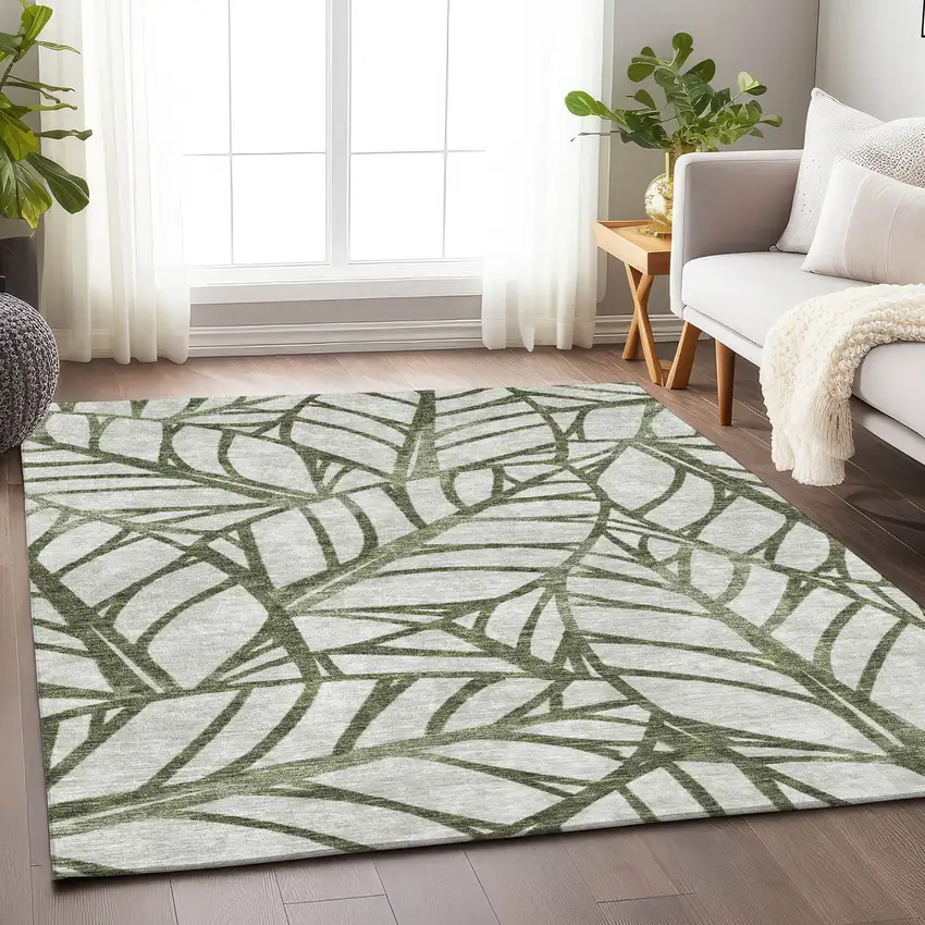 Olive Green And Beige Floral Washable Area Rug With UV Protection Photo 5