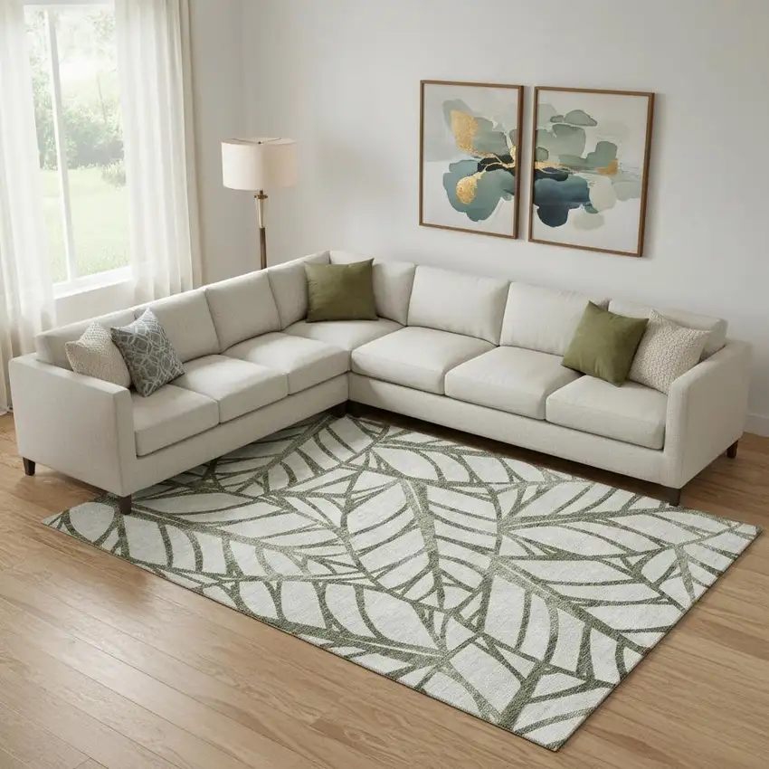 Olive Green And Beige Floral Washable Area Rug With UV Protection Photo 1