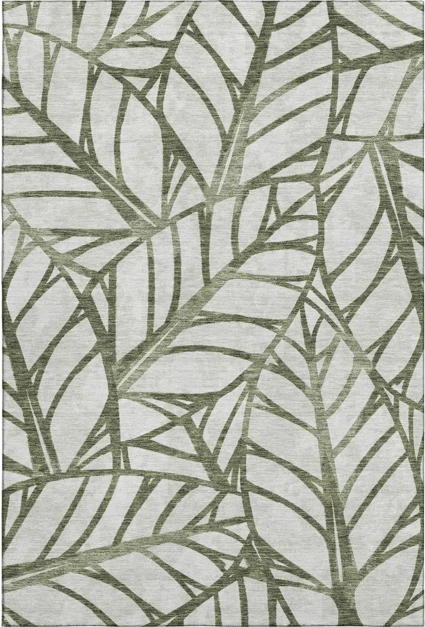 Olive Green And Beige Floral Washable Area Rug With UV Protection Photo 1