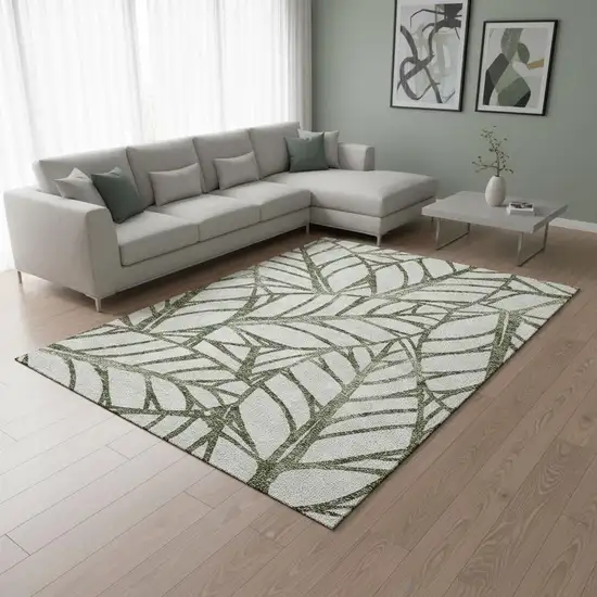 Olive Green And Beige Floral Washable Area Rug With UV Protection Photo 2