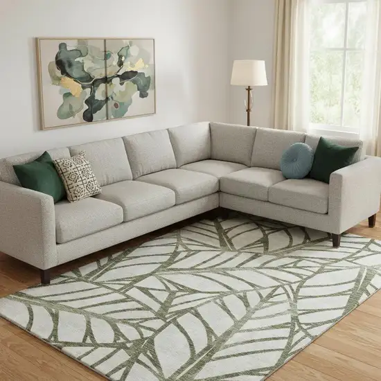 Olive Green And Beige Floral Washable Area Rug With UV Protection Photo 1