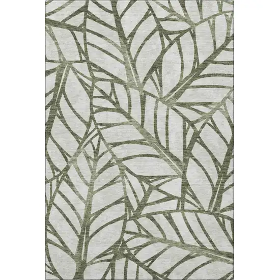 Olive Green And Beige Floral Washable Area Rug With UV Protection Photo 4