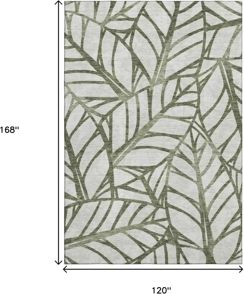 Olive Green And Beige Floral Washable Area Rug With UV Protection Photo 3