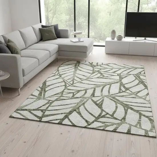 Olive Green And Beige Floral Washable Area Rug With UV Protection Photo 2