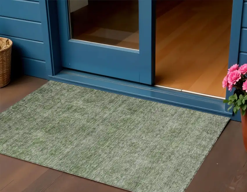Olive Green And Beige Floral Washable Indoor Outdoor Area Rug Photo 1
