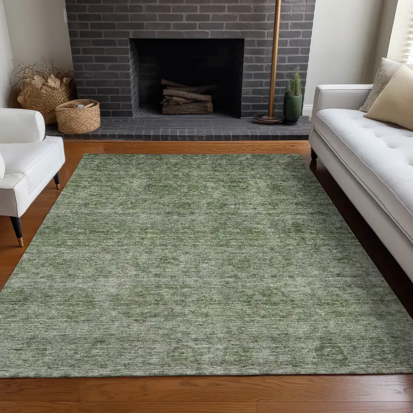 Olive Green And Beige Floral Washable Indoor Outdoor Area Rug Photo 9