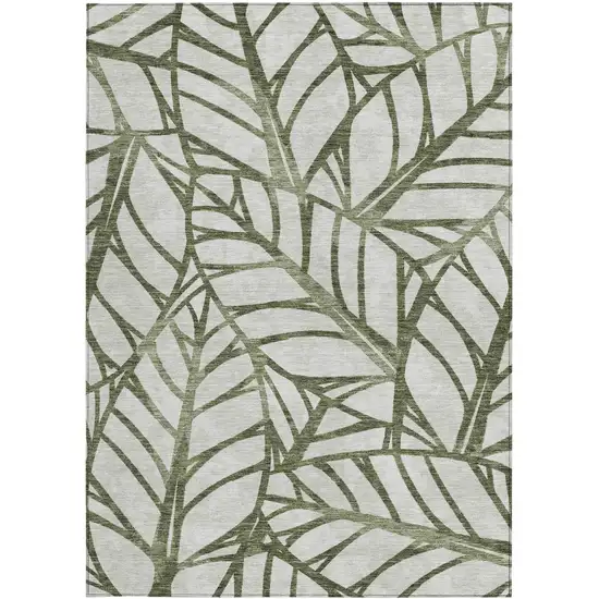 Olive Green And Beige Floral Washable Indoor Outdoor Area Rug Photo 5