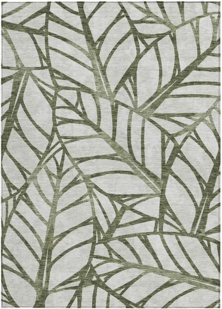 Olive Green And Beige Floral Washable Indoor Outdoor Area Rug Photo 5