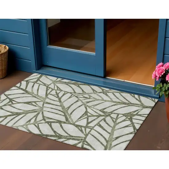 Olive Green And Beige Floral Washable Indoor Outdoor Area Rug Photo 1