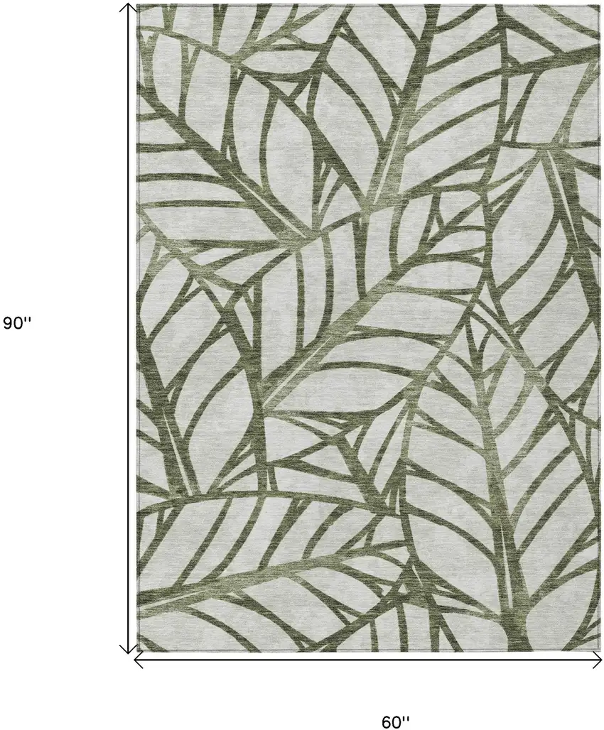Olive Green And Beige Floral Washable Indoor Outdoor Area Rug Photo 3