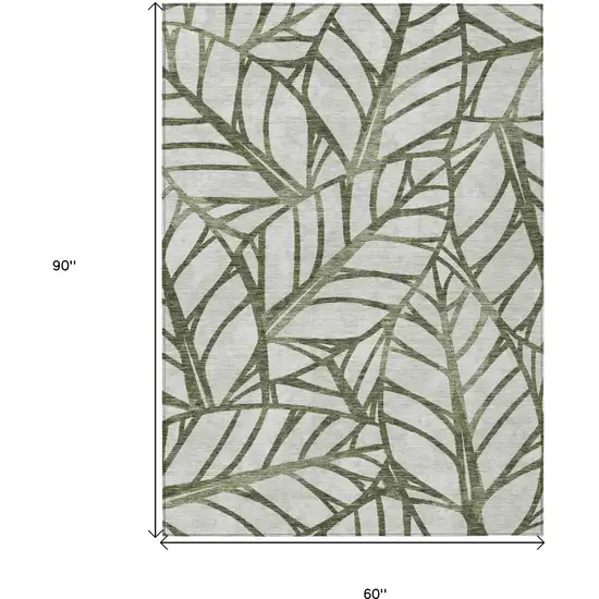 Olive Green And Beige Floral Washable Indoor Outdoor Area Rug Photo 3