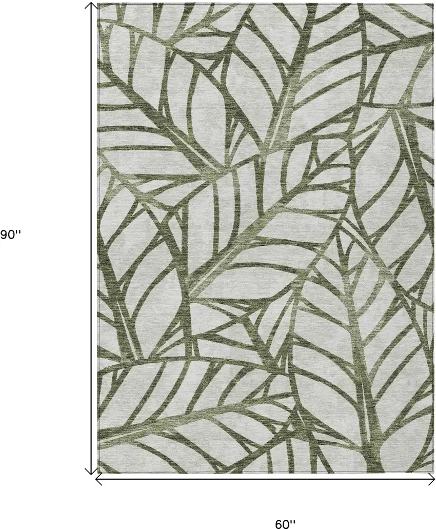 Olive Green And Beige Floral Washable Indoor Outdoor Area Rug Photo 3