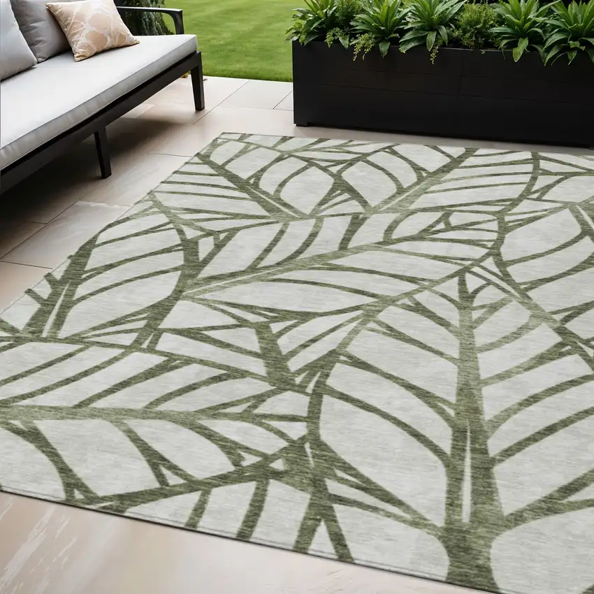 Olive Green And Beige Floral Washable Indoor Outdoor Area Rug Photo 1