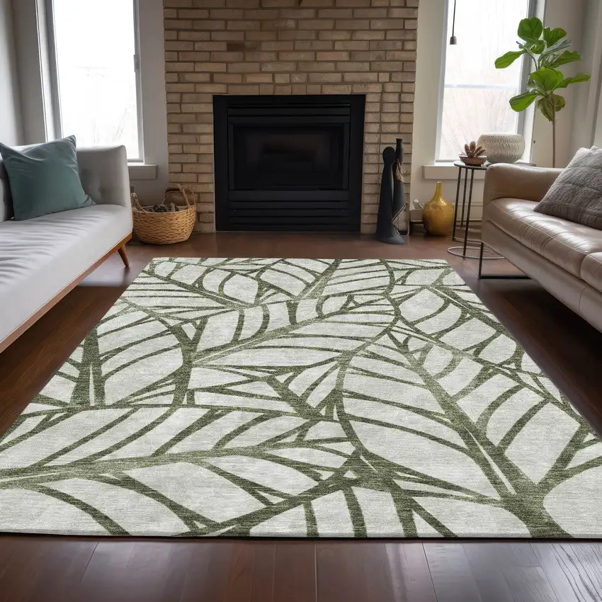 Olive Green And Beige Floral Washable Indoor Outdoor Area Rug Photo 7