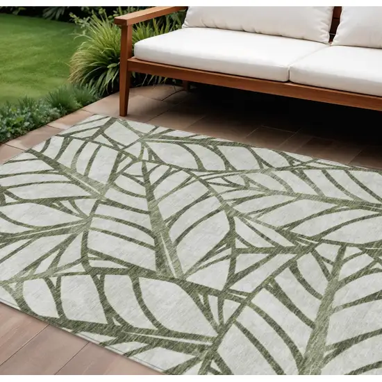 Olive Green And Beige Floral Washable Indoor Outdoor Area Rug Photo 1