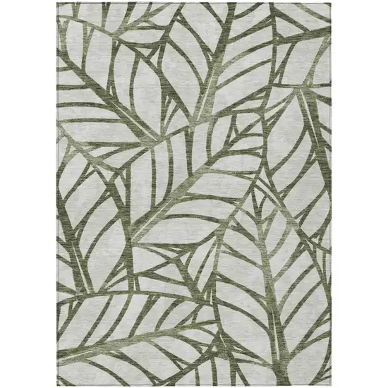 Olive Green And Beige Floral Washable Indoor Outdoor Area Rug Photo 1