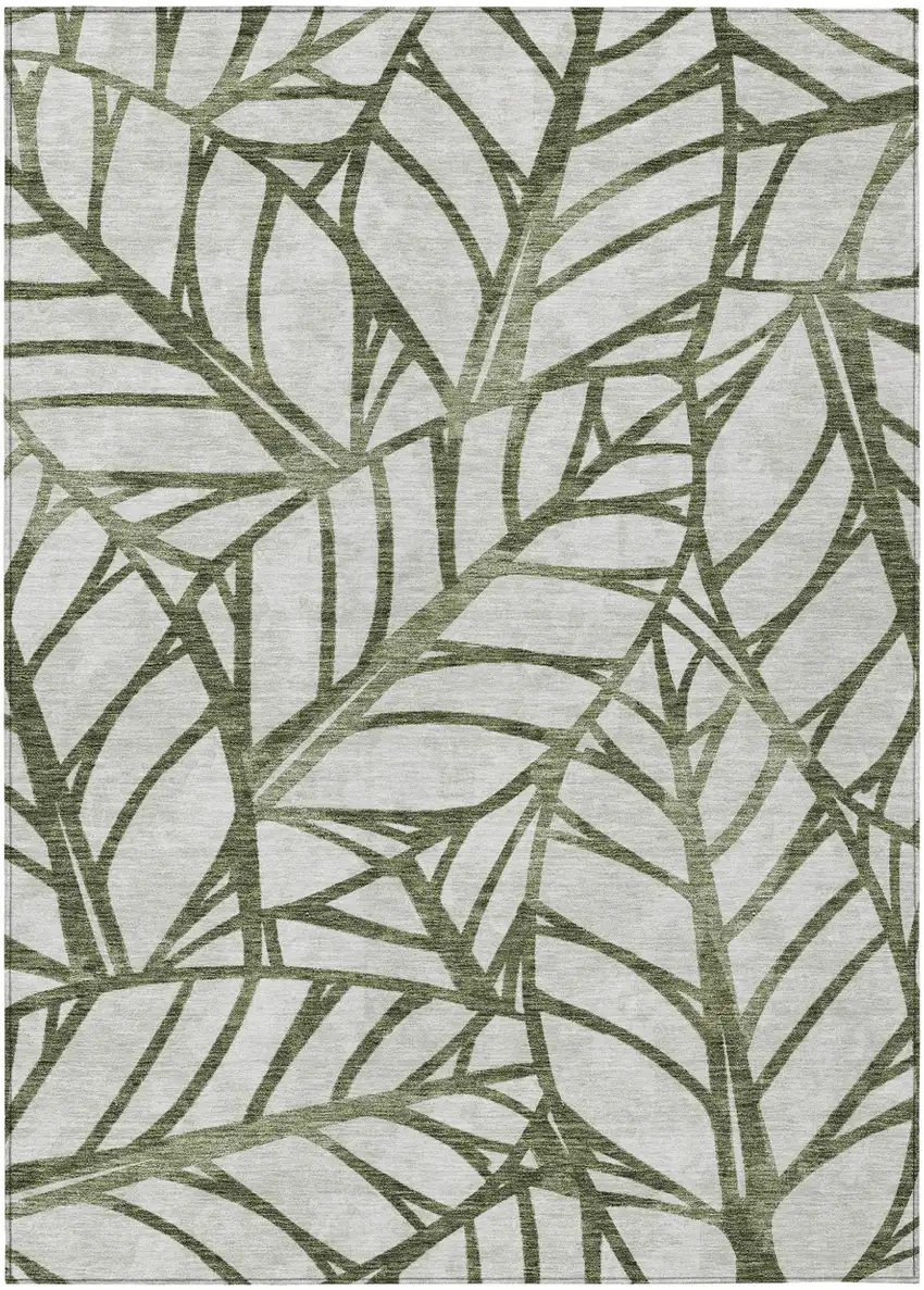 Olive Green And Beige Floral Washable Indoor Outdoor Area Rug Photo 1