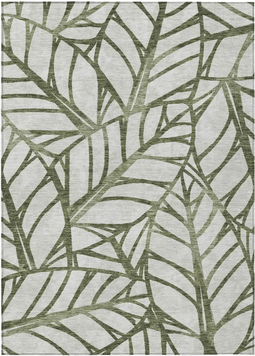 Olive Green And Beige Floral Washable Indoor Outdoor Area Rug Photo 1