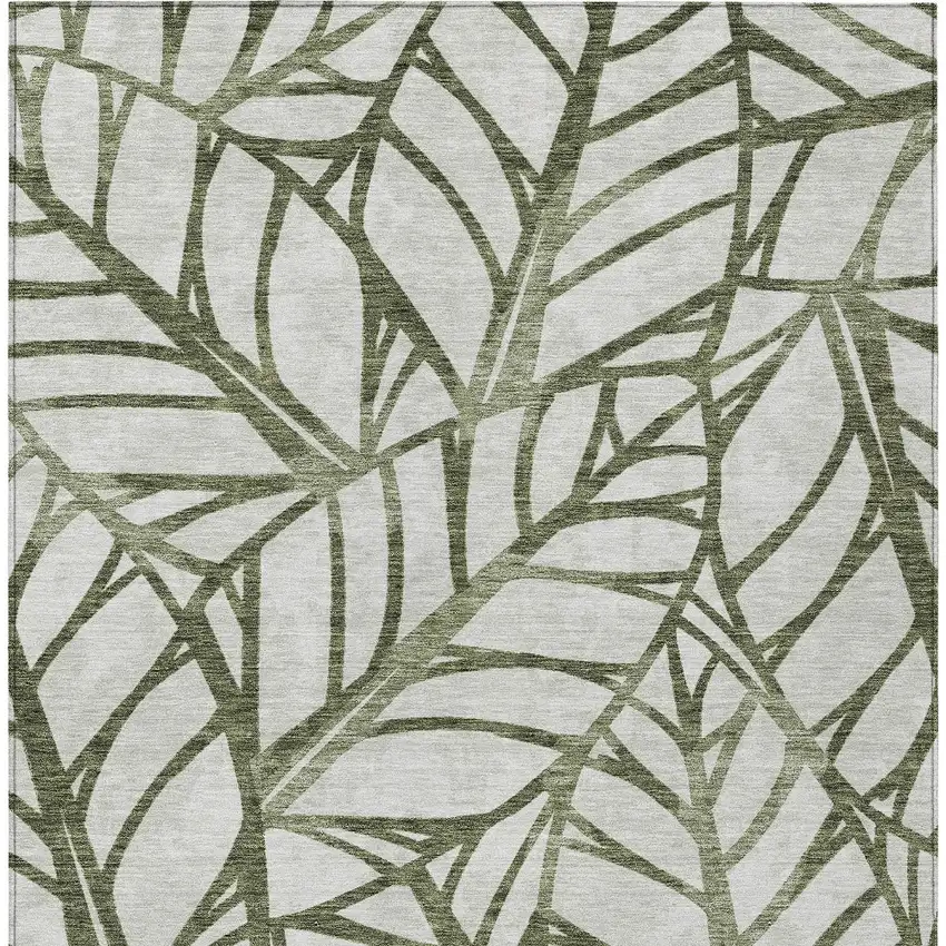 Olive Green And Beige Floral Washable Indoor Outdoor Area Rug Photo 4