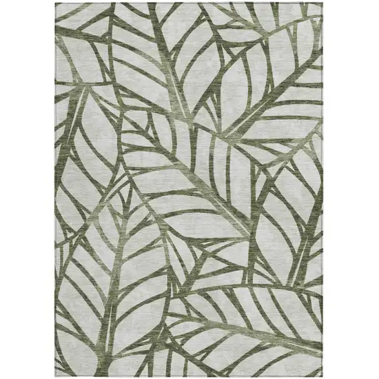 Olive Green And Beige Floral Washable Indoor Outdoor Area Rug Photo 5