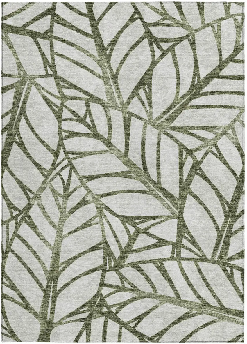 Olive Green And Beige Floral Washable Indoor Outdoor Area Rug Photo 5