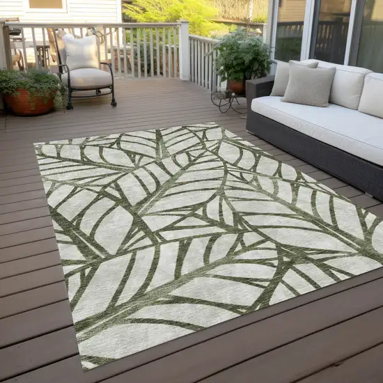 Olive Green And Beige Floral Washable Indoor Outdoor Area Rug Photo 4