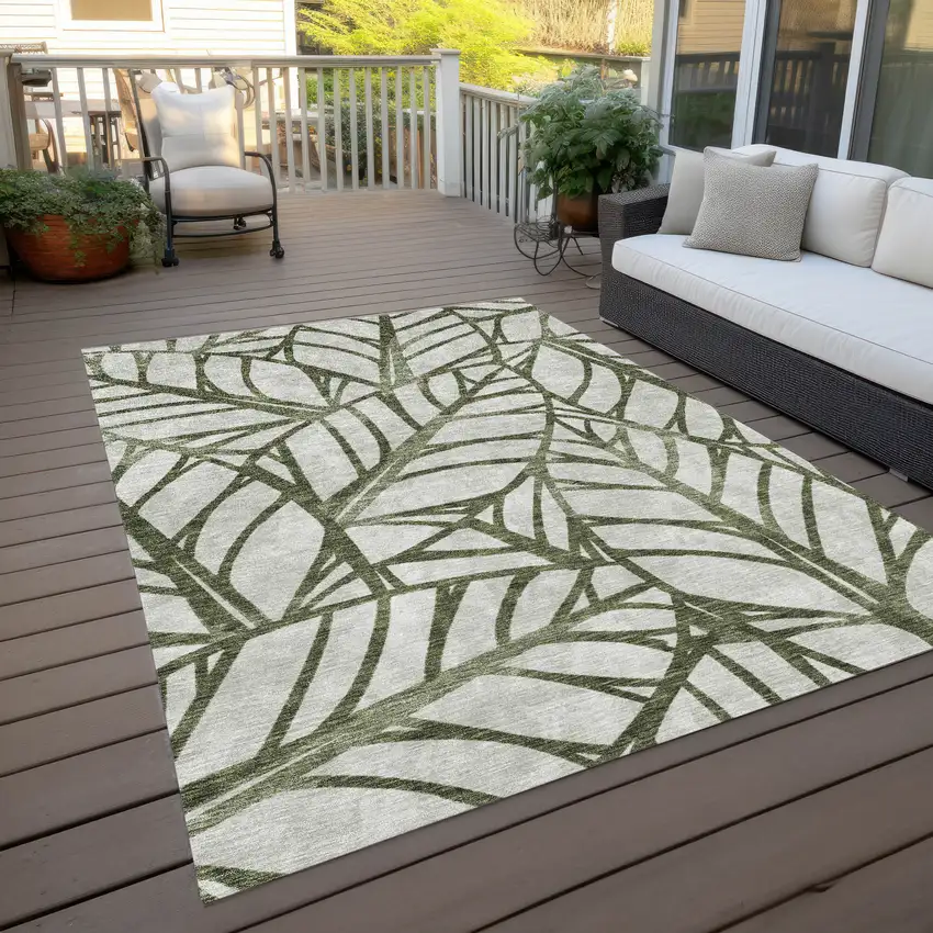 Olive Green And Beige Floral Washable Indoor Outdoor Area Rug Photo 4