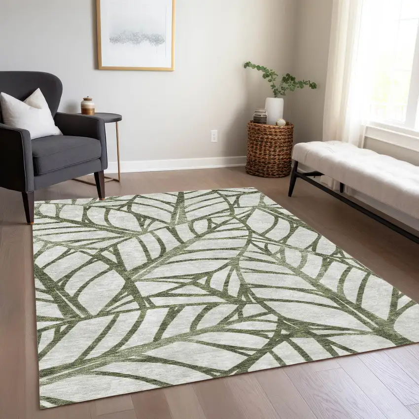 Olive Green And Beige Floral Washable Indoor Outdoor Area Rug Photo 9