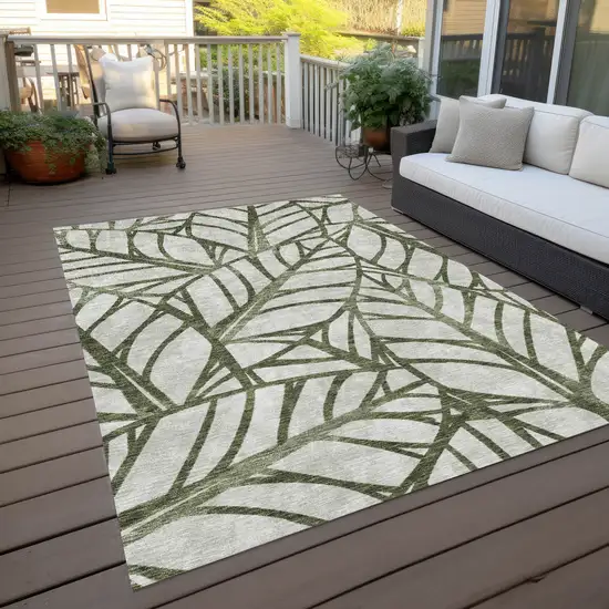Olive Green And Beige Floral Washable Indoor Outdoor Area Rug Photo 9