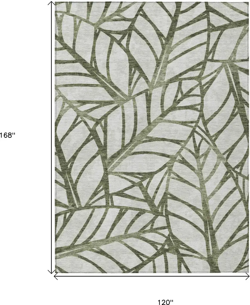 Olive Green And Beige Floral Washable Indoor Outdoor Area Rug Photo 3