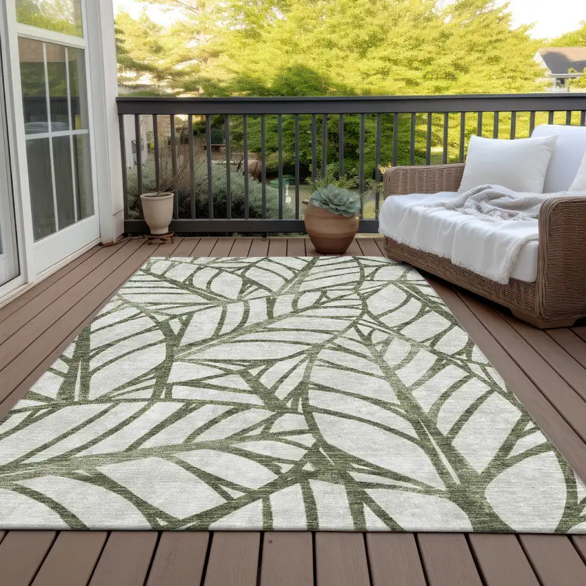 Olive Green And Beige Floral Washable Indoor Outdoor Area Rug Photo 6