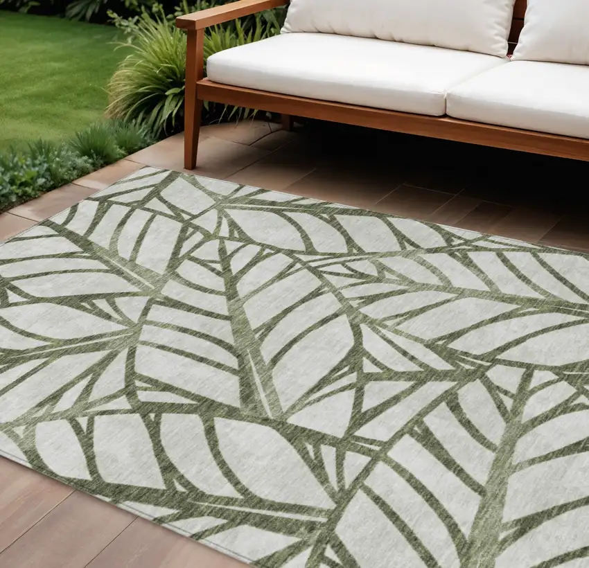 Olive Green And Beige Floral Washable Indoor Outdoor Area Rug Photo 1