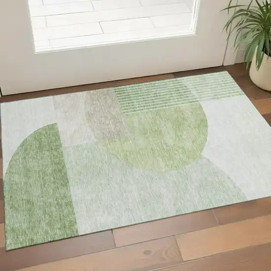 Olive Green And Beige Geometric Washable Area Rug With UV Protection Photo 1