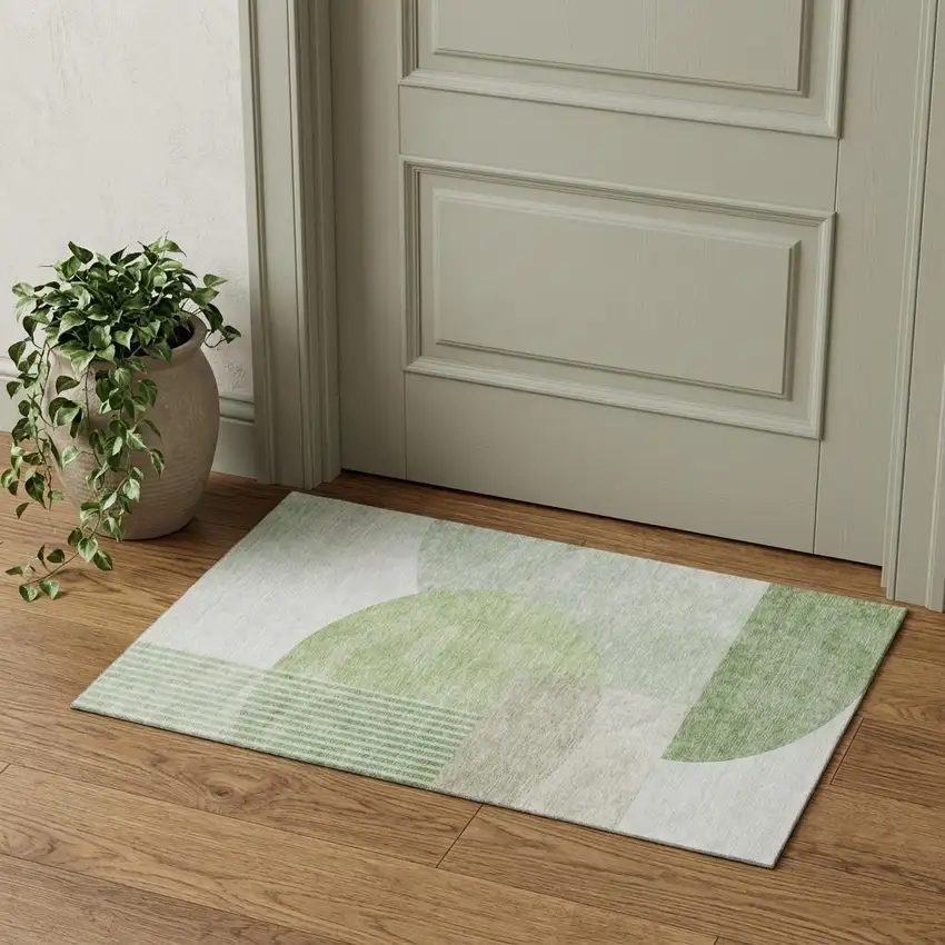 Olive Green And Beige Geometric Washable Area Rug With UV Protection Photo 1