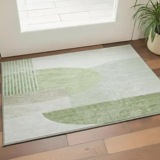 Olive Green And Beige Geometric Washable Area Rug With UV Protection Photo 2