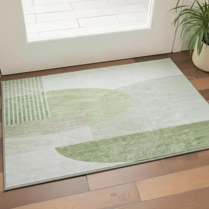 Olive Green And Beige Geometric Washable Area Rug With UV Protection Photo 2