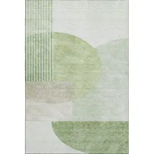 Photo of Olive Green And Beige Geometric Washable Area Rug With UV Protection