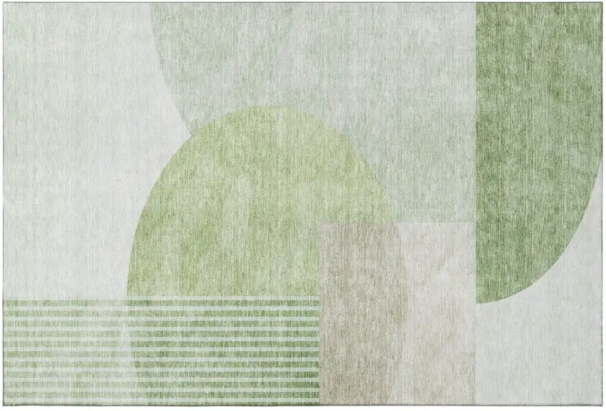 Olive Green And Beige Geometric Washable Area Rug With UV Protection Photo 2
