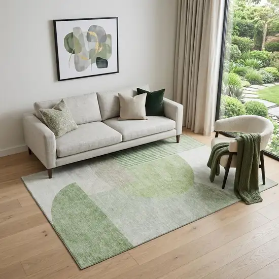 Olive Green And Beige Geometric Washable Area Rug With UV Protection Photo 1