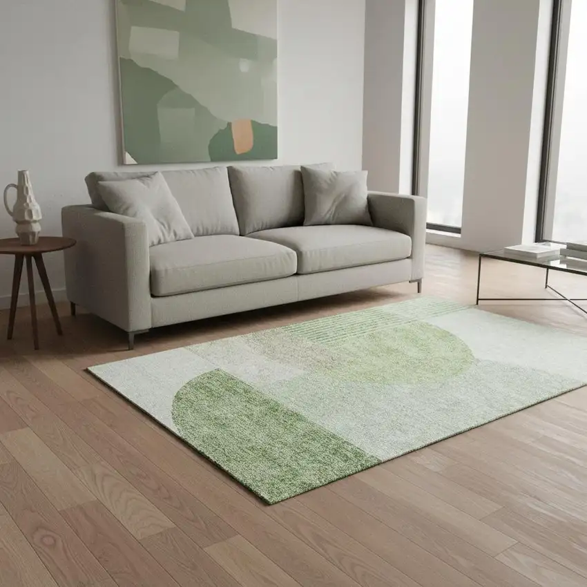 Olive Green And Beige Geometric Washable Area Rug With UV Protection Photo 1