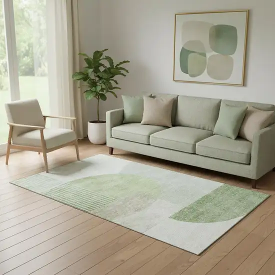 Olive Green And Beige Geometric Washable Area Rug With UV Protection Photo 1