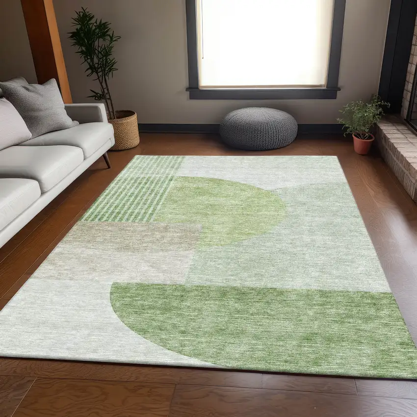 Olive Green And Beige Geometric Washable Area Rug With UV Protection Photo 6