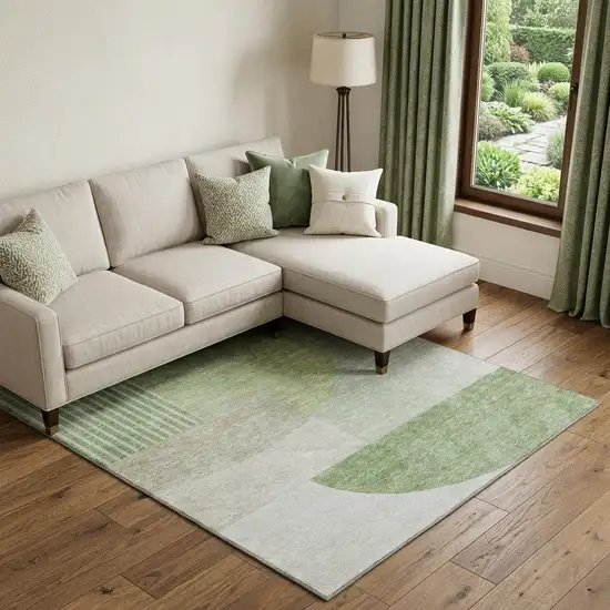 Olive Green And Beige Geometric Washable Area Rug With UV Protection Photo 1